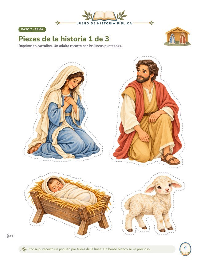 Piezas para recortar: María, José, el niño en el pesebre y una oveja